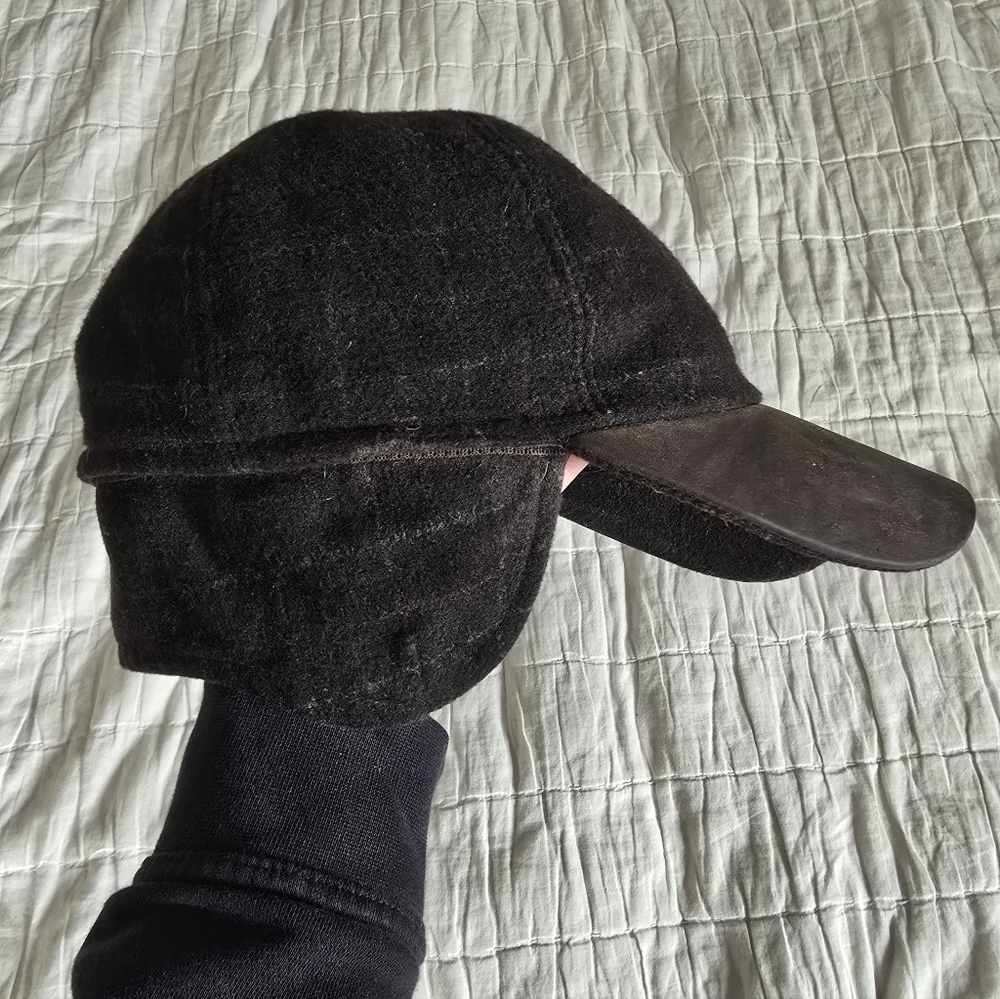 Henschel Hat Co Wool Leather Baseball Cap W/ Ear Flaps Vintage Brown Italian